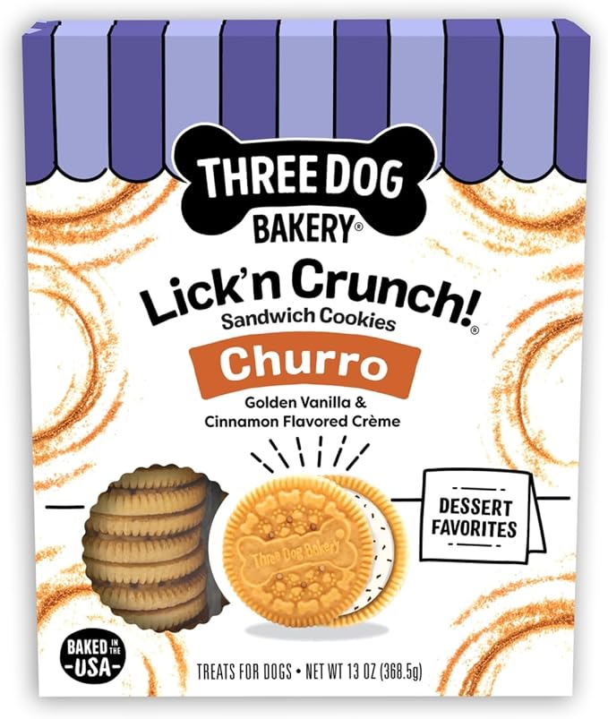 Three Dog Bakery Lick'n Crunch! Dog Treats - 13 oz | Churro Sandwich Cookies - Crunchy Treats with Vanilla & Cinnamon Creme