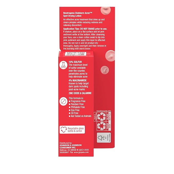 Neutrogena Stubborn Acne Spot Drying Lotion, Fragrance-Free Sulfur Acne Treatment Clears Acne By Drying Up & Shrinking Pimples, Paraben- & Oil-Free, 10% Sulfur & 4% Niacinamide, 1.0 fl. oz