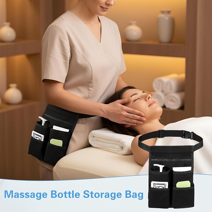Massage Bottle Bag, Professional Massage Therapist Holder for 2 Bottles, Massage-Bottle Holder with Adjustable Belt, Multiple Pockets Design Massage-Lotion Holders (Black)