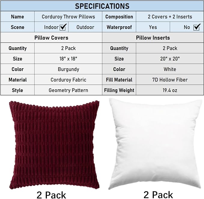 2 Pack Corduroy Decorative Throw Pillow with Inserts, 18x18 Inch Soft Boho Throw Pillow, Square Striped Throw Pillows for Couch, Bed, Sofa Decor (Burgundy)