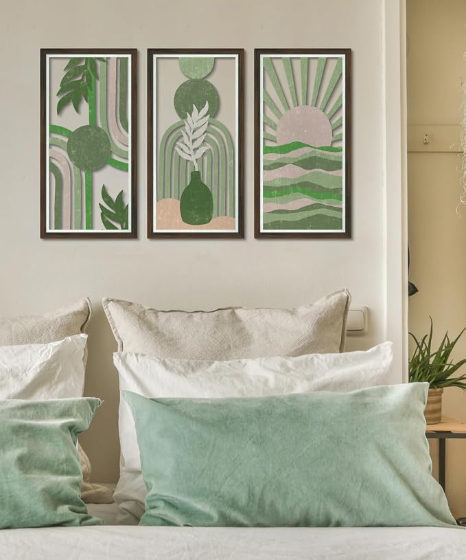 Putuo Decor Abstract Boho Wall Art Set of 3, Modern Geometric Design with Green, Pink, and Beige Tones for Living Room Bedroom Office, Minimalist Wooden Panel Decor
