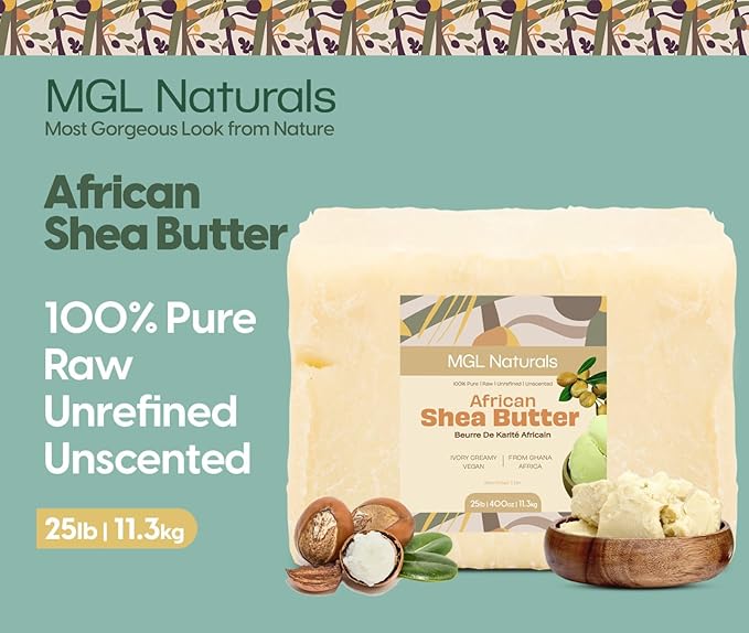 MGL Naturals Raw African Shea Butter Ivory 25 lb, 100% Pure and Unrefined. Nourish and moisturize skin and hair. Use alone or DIY recipes. From Ghana, West Africa. (25 lb)