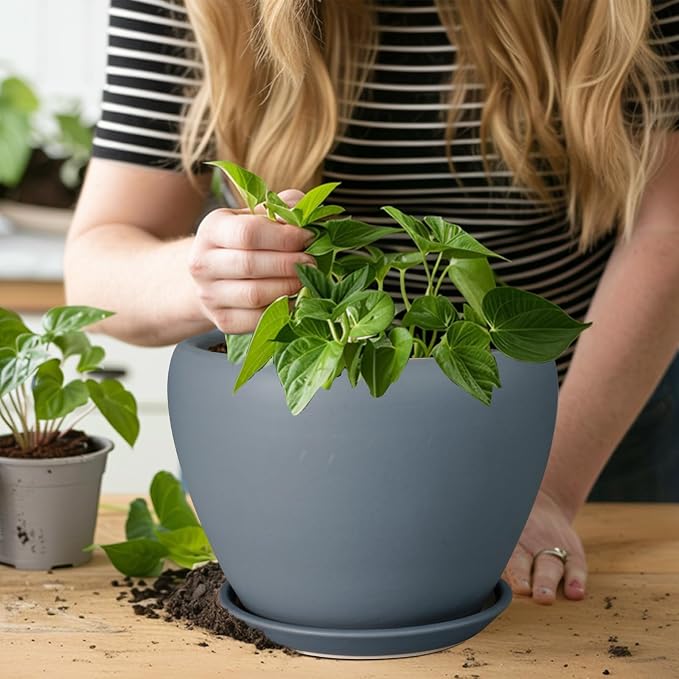 Ceramicfor Ceramic Pot for Plants - 8 Inch Plant Pot Indoor with Drainage Hole and Saucer Decorative Planter for Outdoor Plants Modern Flower Pot for Home Decor Garden Gray
