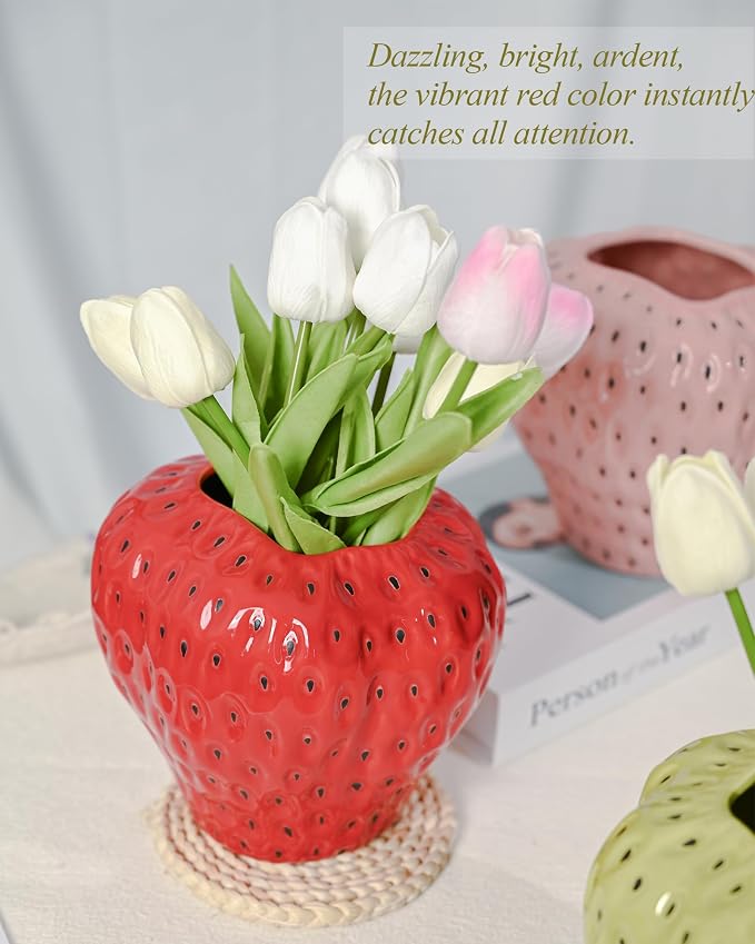DN DECONATION Red Strawberry Vase, Ceramic Flower Vase for Table Home Decor | Strawberry Flower Vases for Colorful Home Decor, Decorative Cute Vase for Office, Mantel, Shelf, Strawberry Party Decorations