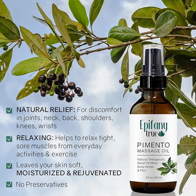 Natural Pimento Massage Oil 2oz | Moisturizing Soothing Muscle Relief | Refreshing Mint Scent | Pimento Oil (Allspice), Jamaican Black Castor Oil, Peppermint, Lemongrass