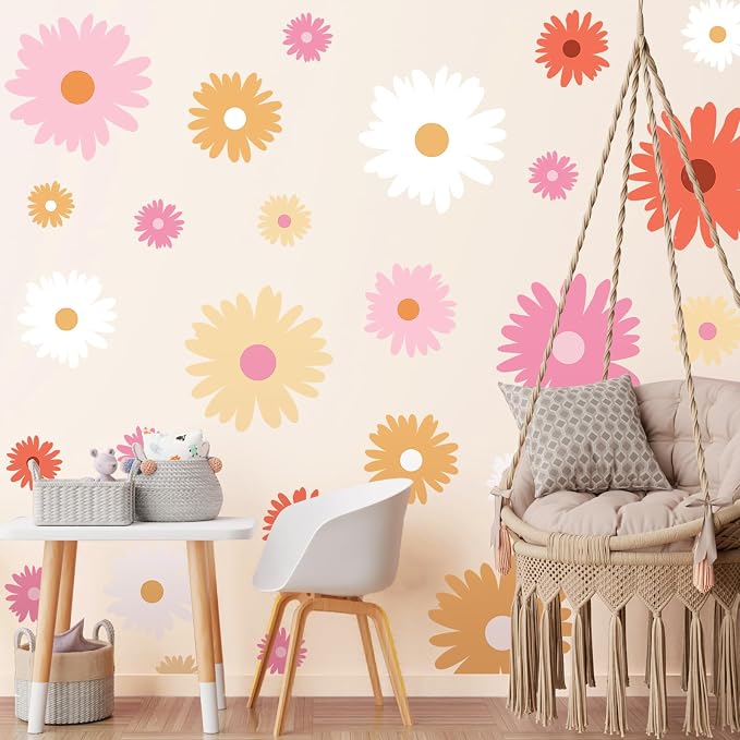 TaoBary 12 Sheet Daisy Wall Sticker Decal,Bright Color,Artsy Style | Big Flower Wall Sticker, Pink White Floral Decal, Daisy Bedroom Room Decor, Removable Peel and Stick, Nursery Home Wall Decor