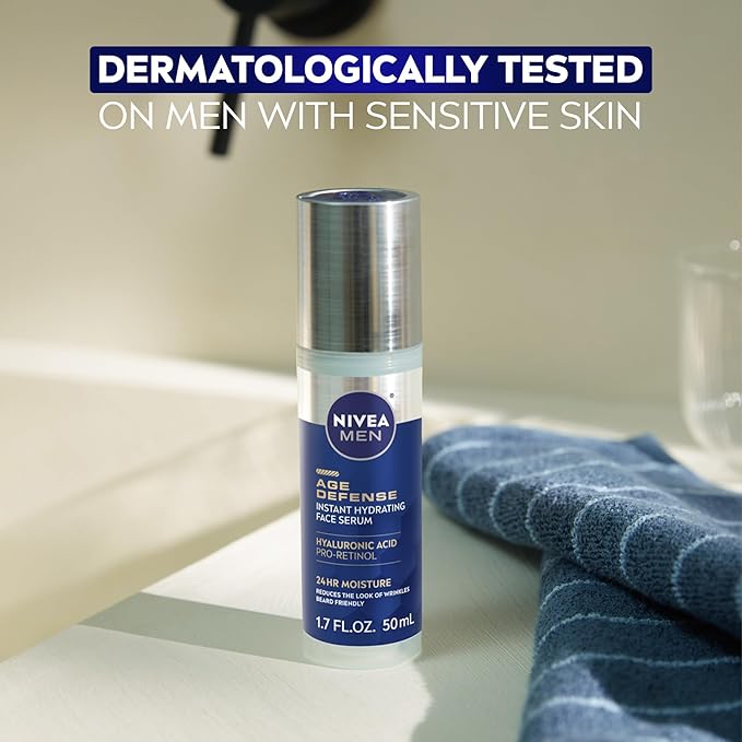 NIVEA MEN Age Defense Instant Hydrating Face Serum for Dry Skin, With Pro-Retinol and Hyaluronic Acid, Facial Serum Helps Reduce Look of Fine Lines and Wrinkles, 1.7 Fl Oz Bottle