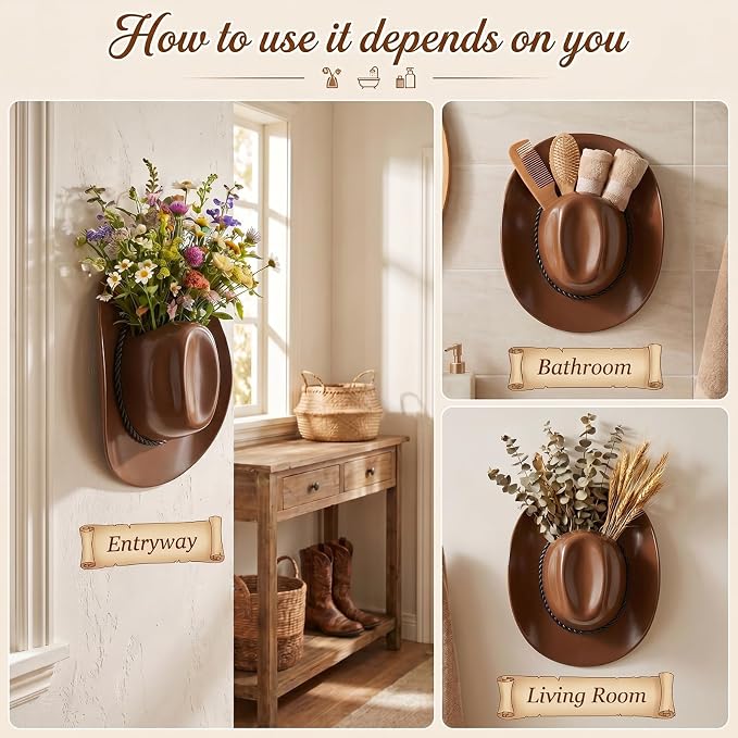 Hanging Wall Vase for Flowers Resin Cowboy Hat Vase Western Decor Brown