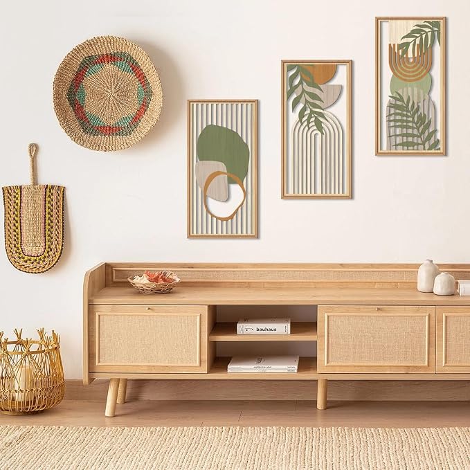 IARTTOP Boho Mid-century Modern Wood Wall Art 8x16 Inch Framed Green Bohemian Abstract Wooden Wall Decor Set of 3 Minimalist Geometric Leaf Artwork for Living room Bedroom Office
