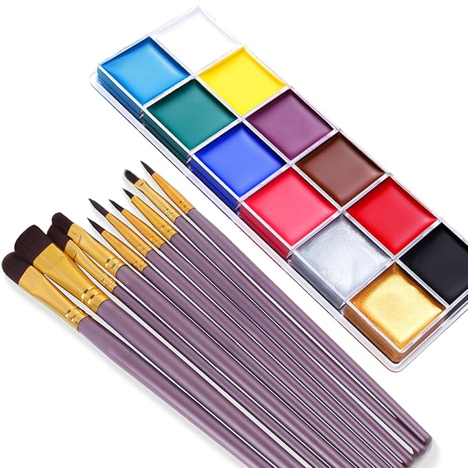 Face Paint Kit, Painting Palette with Brushes Body Paint Face Makeup Safe and Easy to Clean for Halloween Carnivals Cosplay Party Stage Performances (12 Colors + 10 Brushes)