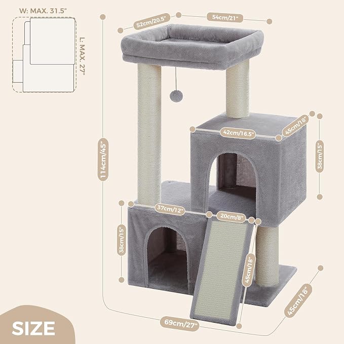 PAWZ Road Large Cat Tree, 45" Heavy Duty Cat Tower with Dual Condos, Gray | thick scratching posts(φ4.3"), 21"x21" spacious perch, large scratching ramp, dual condos for large&maine cats