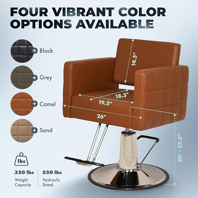 Buy-Rite Icon Styling Chair in Camel for Professional Salons & Barbershops, Extra Wide Seat, Quilted Design, Hydraulic Pump, Tufted Back, Easy-Clean Vinyl, Durable Steel Frame, YLG-192-CAM