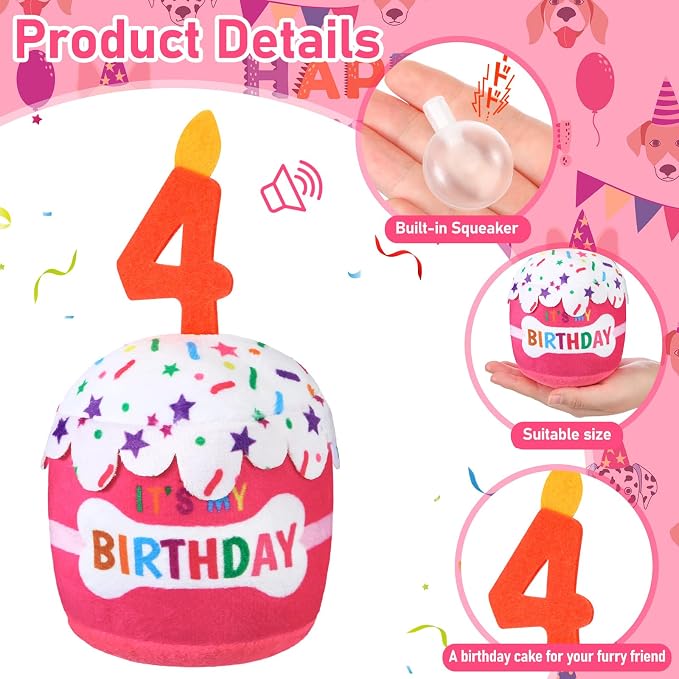 Dansydaisy Dog Birthday Cake Toy Squeaky Plush Gift,4th,Pink