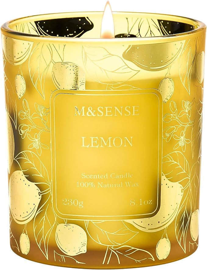 M&SENSE Lemon Soy Candle, 8.1oz Gilded Glass, Office Calming Gift | 42H Long Burn, Vegan Wax, No Toxin, Fresh Air Purifying Calming, Warmer Safe, Reusable Desk Organizer