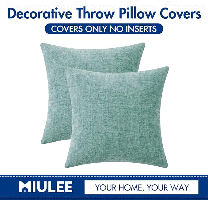 MIULEE Soft Chenille Throw Pillow Covers Aqua Green 20x20 Inch Pack of 2 | Modern Home Decor, Classic Decorative Pillows, Solid Dyed Cases, Boho Couch Cushion Covers for Sofa Bed Living Room