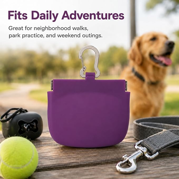 Silicone Dog Treat Pouch for Pet Training One-Hand Access One Cup Silicone Treat Bag with Pull Tab and Auto Closing Lid Treat Pouches for Leash(Color: Purple)