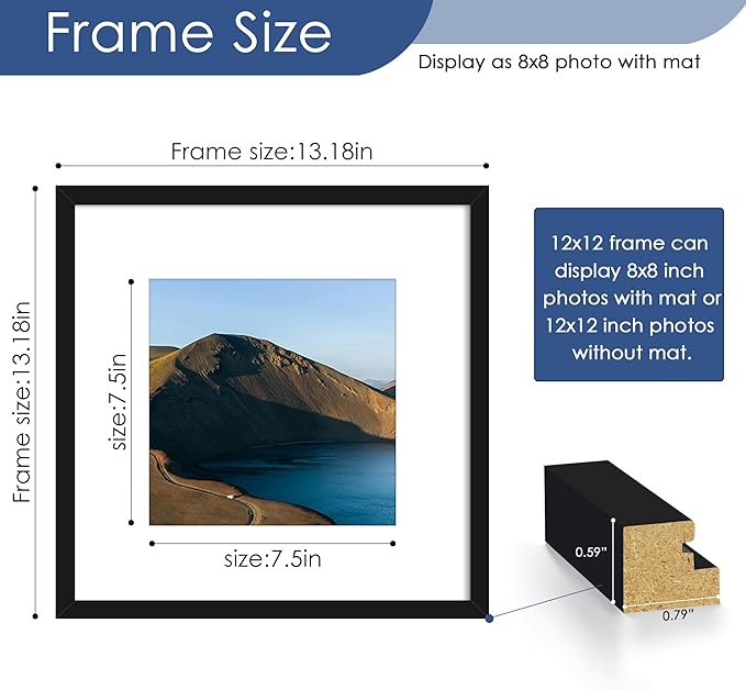 12x12 Picture Frame Set of 6, Wall Mount Display, Black | Display Pictures 8x8 with Mat or 12x12 Without Mat, Horizontal or Vertical, Gallery Wall Frame Set, Wedding Birthday Gifts