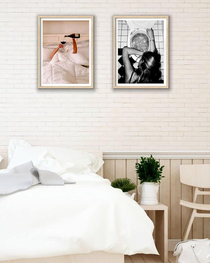 EcoHest 12x16 in Woman Drinking Wine in Bed Canvas Art | Unframed Canvas Print, Feminist Wine Wall Decor for Bedroom, Bathroom, Apartment, Dorm Room, College Room, 1Pack