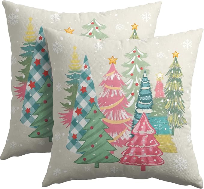 Kawani Christmas Throw Pillow Covers 22x22 Inch Pink Yellow Green Xmas Trees Square Cotton Linen Pillowcases with Hidden Zipper for Couch Sofa Bed Bench Porch Farmhouse Home Decor