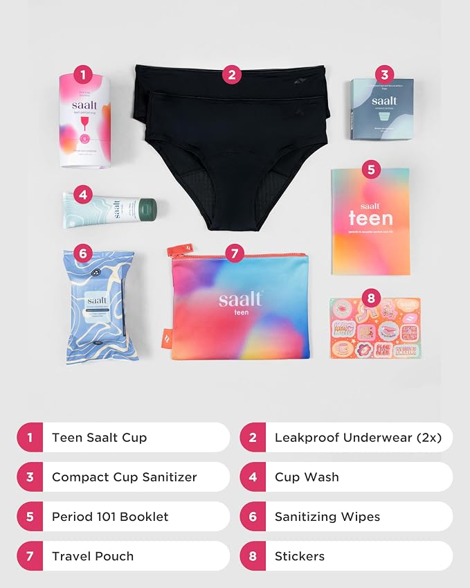 Saalt Teen First Period Kit - Includes Leakproof Period Underwear, Menstrual Cup, Menstrual Cup Wash, Compact Sanitizer, Feminine Wipes, Storage Bag, Saalt Stickers & Period Care 101 Booklet - Large