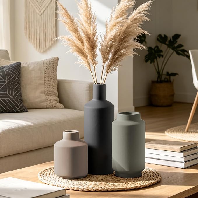 Ceramic Vase Set of 3, Modern Decorative Vases for Home Decor, Small Flower Pottery Vase Sets, Boho Farmhouse Rustic Vases for Living Room, Kitchen, Bedroom, Bathroom, Shelf, Table