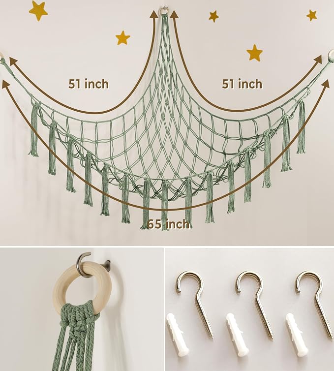 mirolam Stuffed Animal Storage Hammock or Net - Large Toy Hammock Net for Stuffed Animals Corner - Hanging Stuff Animal Organizer Holder Ideas for Plush - Baby Nursery Wall Bedroom Room Decor