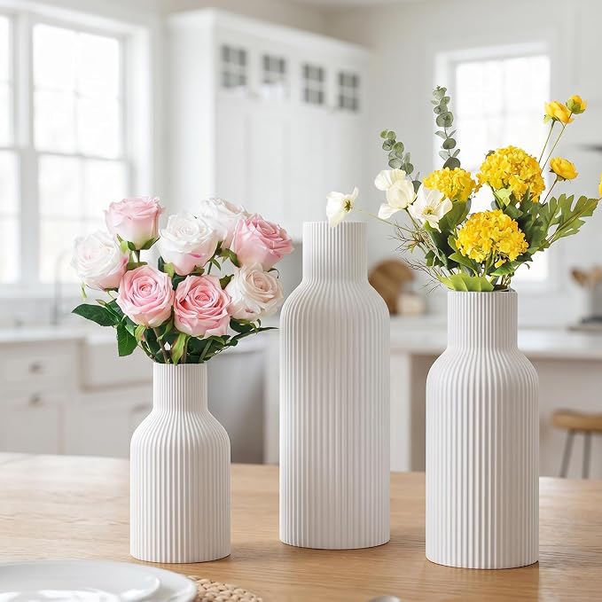 White Ceramic Flower Vase Set of 3 Matte Ribbed Waterproof | Waterproof interior for fresh or dried pampas. Minimalist centerpiece for living room, entryway, office, or wedding