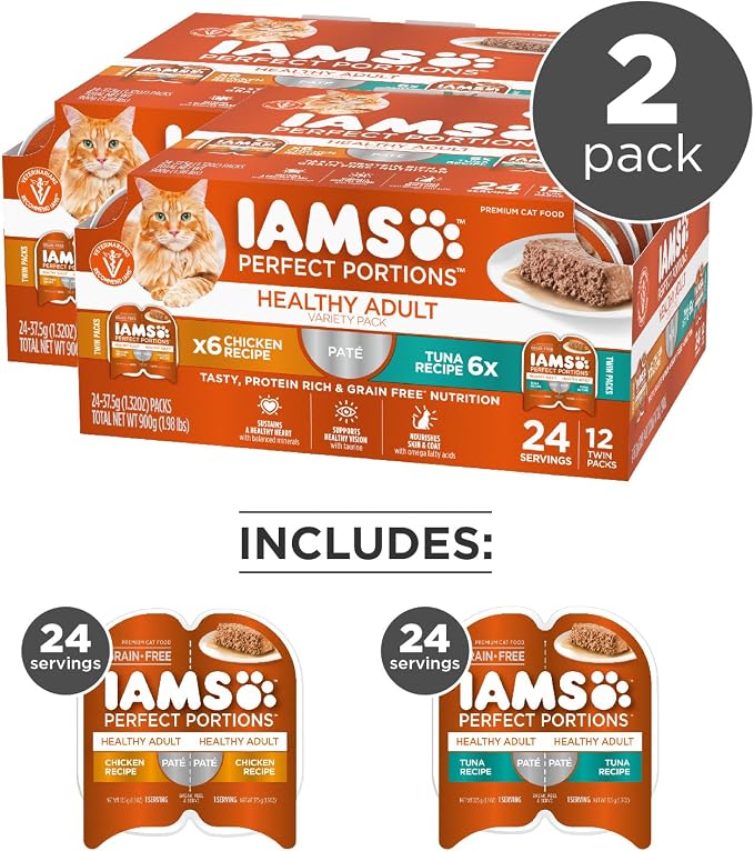 IAMS Perfect Portions Sensitive Digestion & Skin Wet Cat Food Pate, Healthy Adult Grain Free Pate, Chicken and Tuna Recipe, 2.6 oz. 12 Count (Pack of 4)