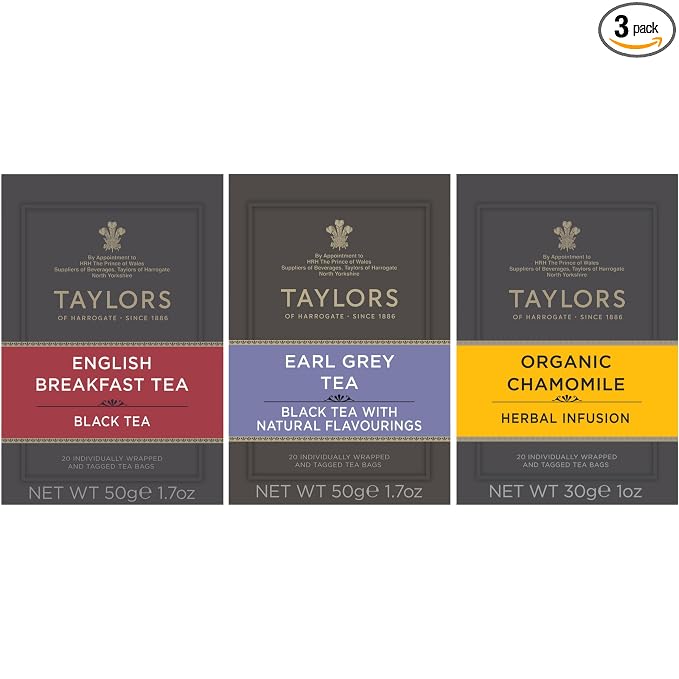 Taylors of Harrogate Black & Herbal Tea Variety Pack, Individually Wrapped Bags, Earl Grey, English Breakfast, Chamomile 20 Count (Pack of 3), Caffeinated & Caffeine-Free, 60 Teabags