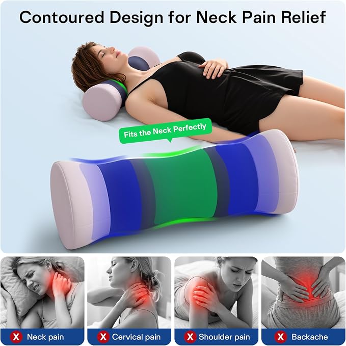 Neck Roll Pillow - Cooling Cover Round Neck Pillow for Sleeping - Memory Foam Cervical Roll Pillow - Ergonomic Bolster Pillow for Neck, Leg, Back, Yoga, Relaxing (Blue Purple)