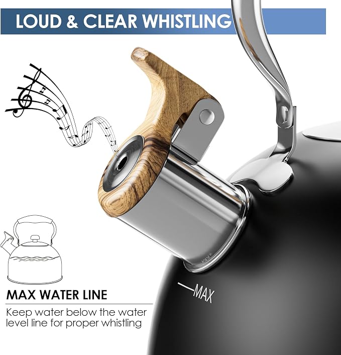 2.6 Quart Whistling Tea Kettle for Stovetop, Black | Food Grade Stainless Steel with Cool Wood Pattern Handle, Induction Compatible