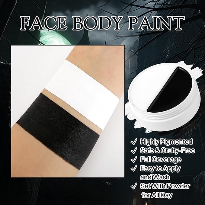 Black White Face Body Paint Halloween Foundation Gothic Makeup, CreamBlend Non Toxic Face Paint for Adult & kids Oli based Facepaint bodypainting Clown Zombie Vampire Skeleton SFX Mime Cosplay Makeup