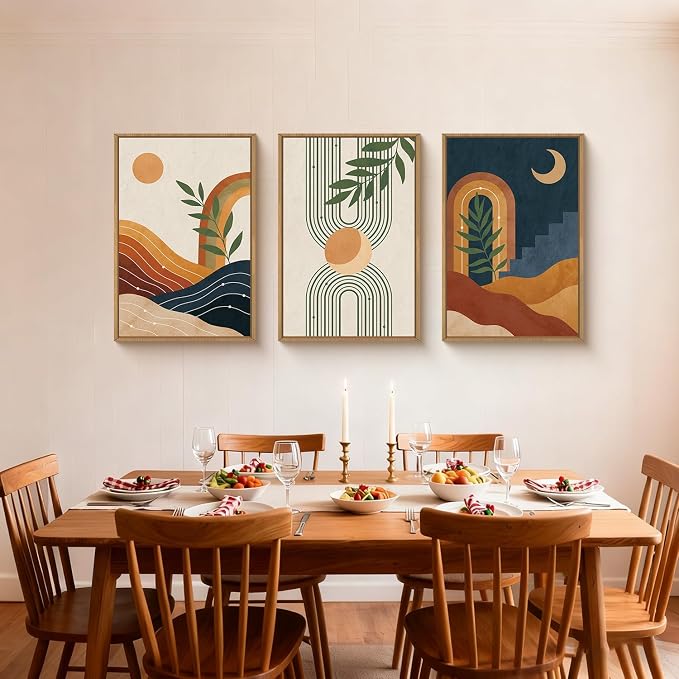 FWIEXA Mid Century Modern Wall Art Set of 3, Vintage Boho Framed Canvas Wall Decor, Minimalist Geometric Sun Moon Line Wall Prints, Abstract Green Leaf Painting, 24x36In Modern Navy Blue Artwork for Living Room,Bedroom