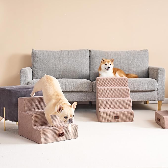EHEYCIGA Dog Stairs for Small Dogs 13.5" H, 3-Step Extra Wide Dog Steps for Couch Sofa and Chair, Pet Steps for Medium Cats, Non-Slip Balanced Pet Ramp Indoor, Pink