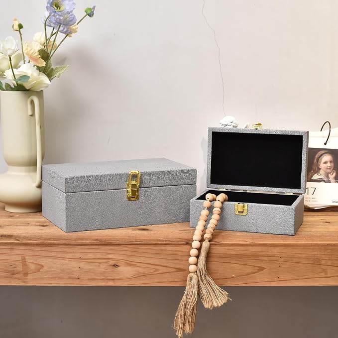 Faux Shagreen Leather Decorative Storage Boxes Set of 2, Light Grey | for keeping precious keepsakes, trinkets, jewelry and other small items organized and out of sight
