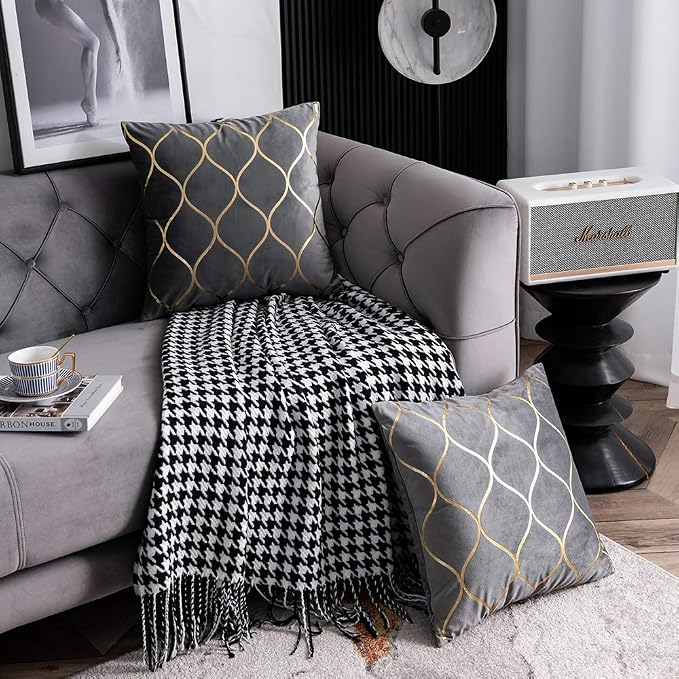 Gold Velvet Throw Pillow Covers: 2 Pack 24x24 Inch Square Decorative Pillow Cases for Bedroom Sofa Couch Living Room, Light Grey