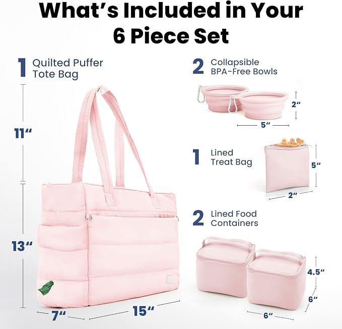 Rubyloo Puffer Dog Travel Bag for Dog Moms, Diaper Bag with Travel Bowls