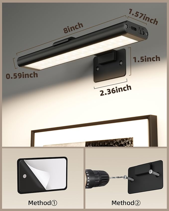EZVALO Picture Light for Wall, Rechargeable 2400mAh Lights Wireless with IR Remote, 3 Color & Dimmable Magnetic 7.87'' LED Lights Display for Painting, Living Room, Gallery, Bedroom Art(Black-2P)