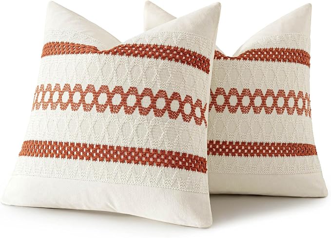 MIULEE Set of 2 Fall Burnt Orange Decorative Pillow Covers 20x20 | Farmhouse Boho Couch Throw Pillows, Modern Cotton Cushion Covers, Macrame Woven Home Decor for Bed Sofa Chair