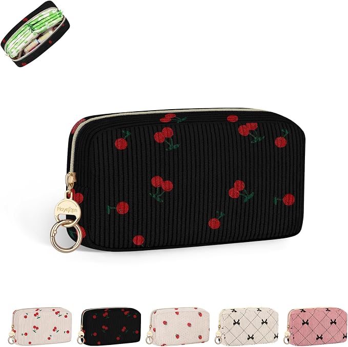 Corduroy Tampon Holder for Purse, Cute Period Tampon Pouch, Black | Soft Corduroy, Cute Cherry Prints, Storage Sanitary Pads, Tampons, Menstrual Cup, Feminine Products,Perfect Gifts