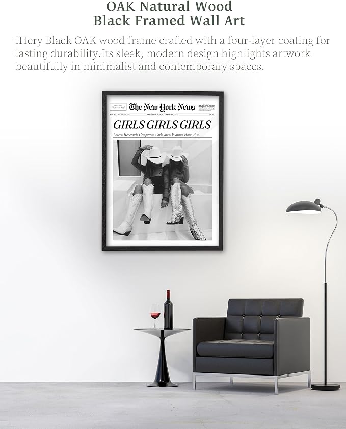 iHery 12x16in Girls Just Wanna Have Fun Framed Newspaper Wall Art | Premium Black Natural OAK Wood Frame with Canvas Print, Western Cowgirl Decor for Bedroom, Dorm Bar Cart, 1Pack