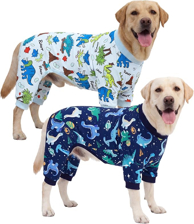 XPUDAC 2 Pack Dog Pajamas for Medium Large Sized Dog, Soft Warm Dog Onesie Stretch Lightweight Pet Outfit Jammies Pet Clothes Boy Dinosaur Print, 4XL