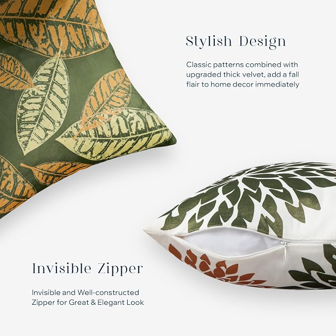Phantoscope Set of 4 New Living Series Leaf Geometric Throw Decorative Velvet Pillow Cover Cushion Cover, Dark Yellow and Green 12 x 20 inches 30 x 50 cm