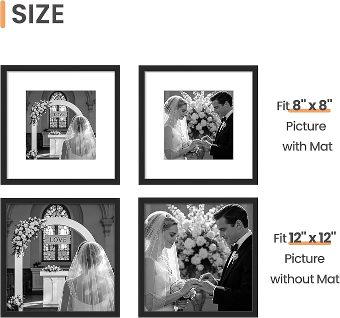 upsimples 12x12 Picture Frame, Gallery Wall Frames Set of 5, Black | Photo Frame Collage Wall Decor, 8x8 Picture Frame with Mat for Family, Baby, Hallway, Christmas