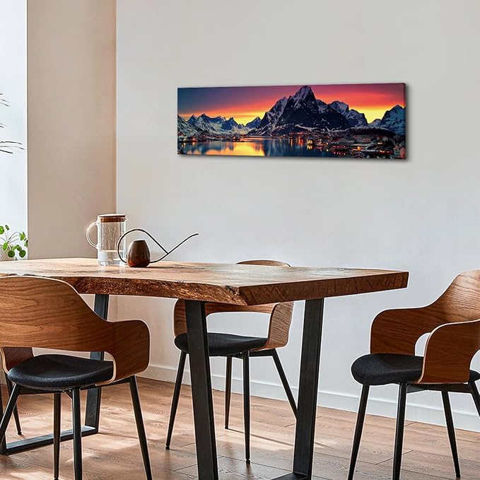 AREBOLO Sunset Mountain Canvas Wall Art Lake Landscape Pictures Nature Wall Decor Snowy Mountains Painting Sunrise Village Scenery Poster Prints Artwork for Living Room Office Home Decorations 14x48”