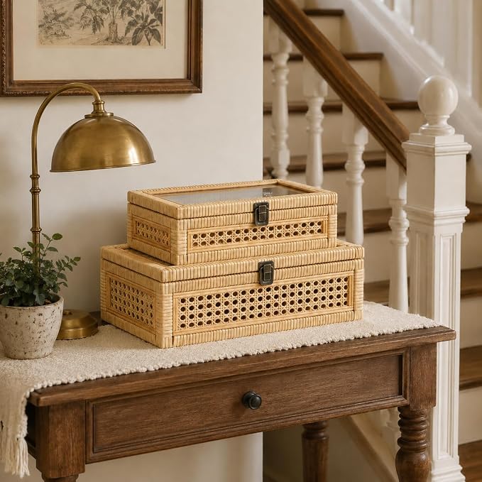 Set of 2 Handwoven Boho Rattan Decorative Boxes with Glass Lid | Wicker Display Boxes for Jewelry, Keepsakes & Home Decor, Stackable Boho Organizer for Coffee Table, Bedroom & Shelf