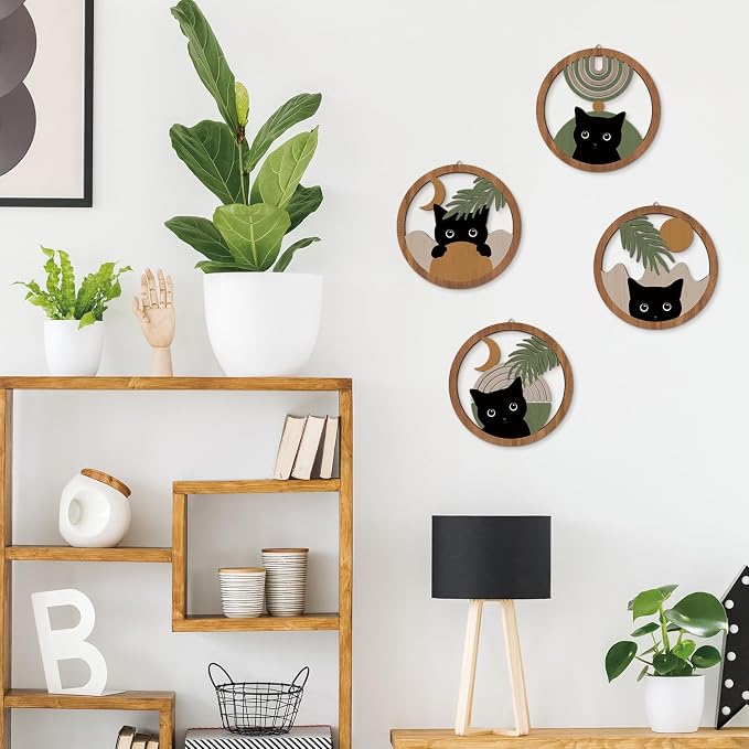 HPNIUB Abstract Mid Century Boho Black Cat Wall Decor-4 Pieces 10''x10'' | Farmhouse Geometric Hanging Wooden Wall Art,Bohemian Moon and Sun Wood Sign for Nursery Bedroom Decoration, Lovely Cat Gifts