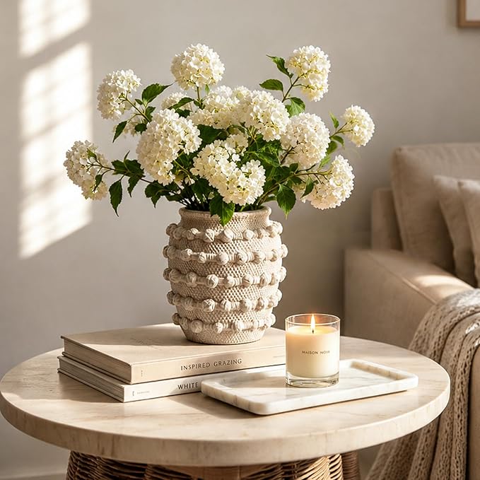 DN DECONATION Beige Flower Vase, 6.3" Farmhouse Boho Vase for Home Decor | Textured Rustic Small Vase, Cement Decorative Flower Vases with Rope Knots for Living Room, Table Centerpiece, Shelf, Mantel