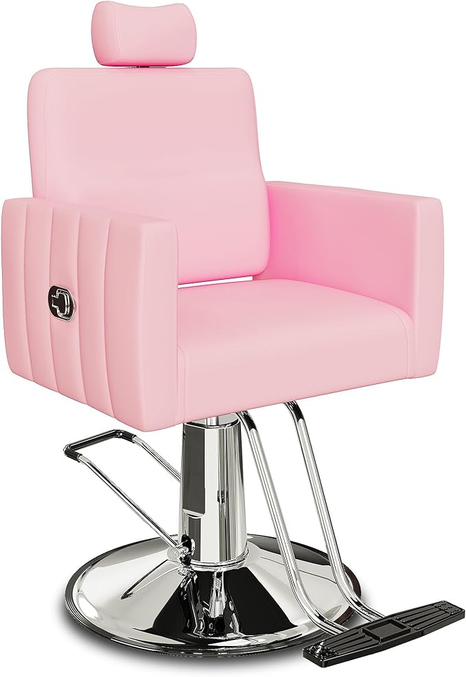 Baasha Reclining Pink Salon Chair with Adjustable Headrest, All-Purpose Hydraulic Styling Chair, Soft PU Leather, Heavy-Duty Steel Frame, 440 lbs Capacity, for Haircut, Braiding & Tattoo