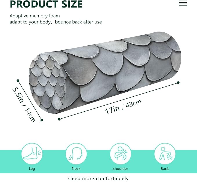 Grey Fish Scale Neck Roll Pillow Bolster Round Health Memory Foam Long Cervical Cylinder Pillows with Removable Washable Cover for Body Bed Legs Back Yoga
